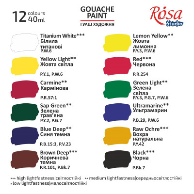 Гуашеві фарби ROSA, 12 кольорів по 40 мл., 221550