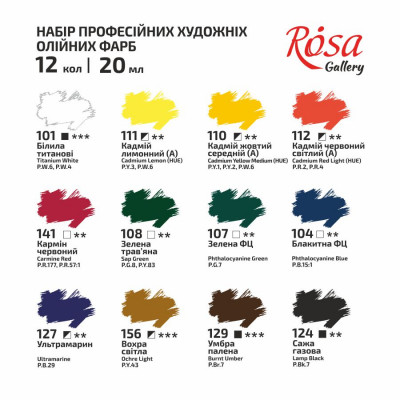 Набір олійних фарб, 12 кольорів по 20 мл., ROSA Gallery